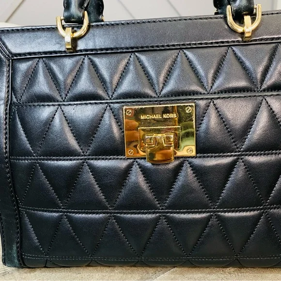 Michael Kors Vivianne Large Top Zip Satchel Bag Black Quilted Leather - Picture 3 of 10